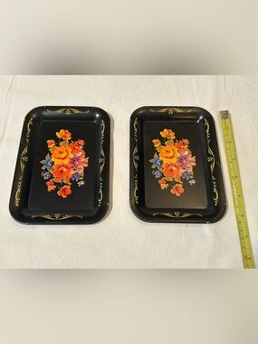 2 Vintage mini metal floral trays black multicolored flowers trinkets 1950s ring